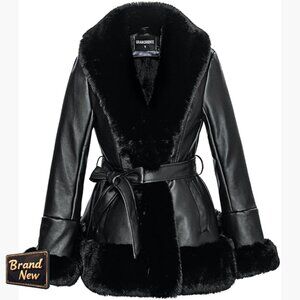 Faux Leather Peplum Parka with Faux Fur Collar, Belted Winter Coat